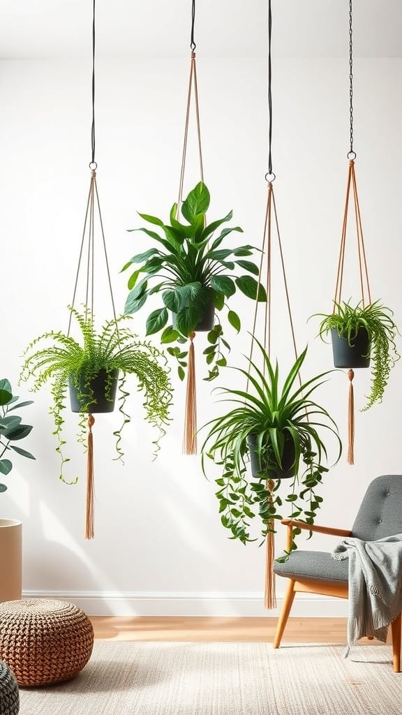 Indoor plants hanging from the ceiling in stylish plant hangers