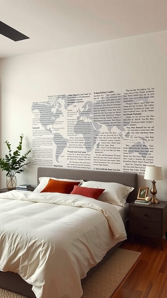 A stylish bedroom with a world map mural on the wall, featuring hidden storage behind the art.