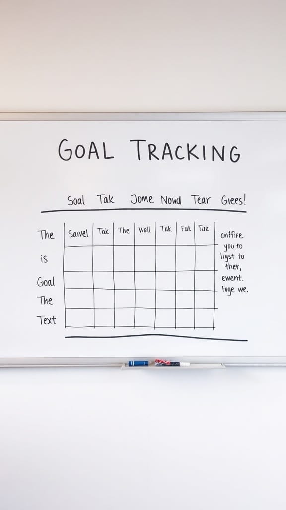 A whiteboard with a goal tracking chart layout, featuring labeled sections for tracking goals and progress.