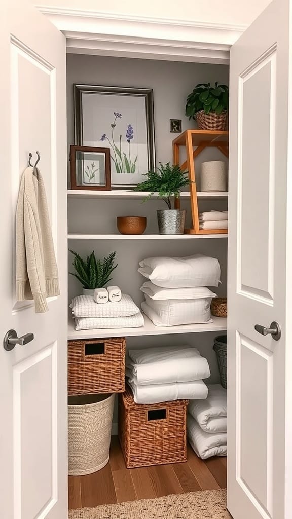 21 Brilliant Linen Closet Organizing Ideas for a Clutter-Free Home 18 Organized linen closet with decorative touches like plants and artwork.