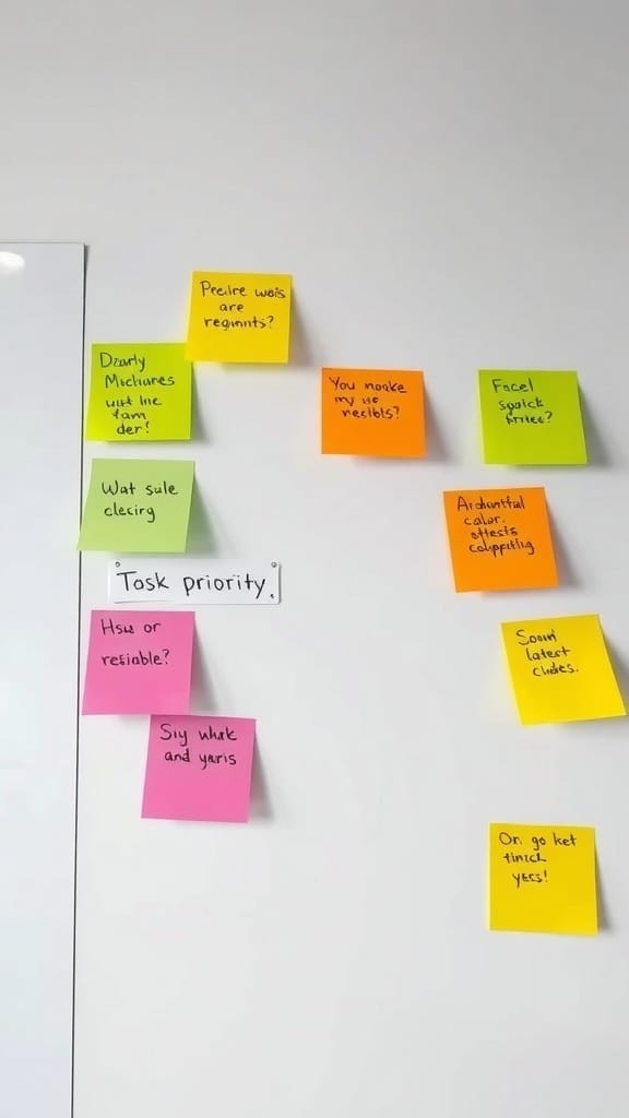 Color-coded sticky notes on a whiteboard for task management