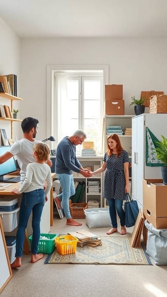 21 Genius Clutter Busting Hacks to Organize Your Home 20 A family working together to declutter a room, with boxes and baskets around them.