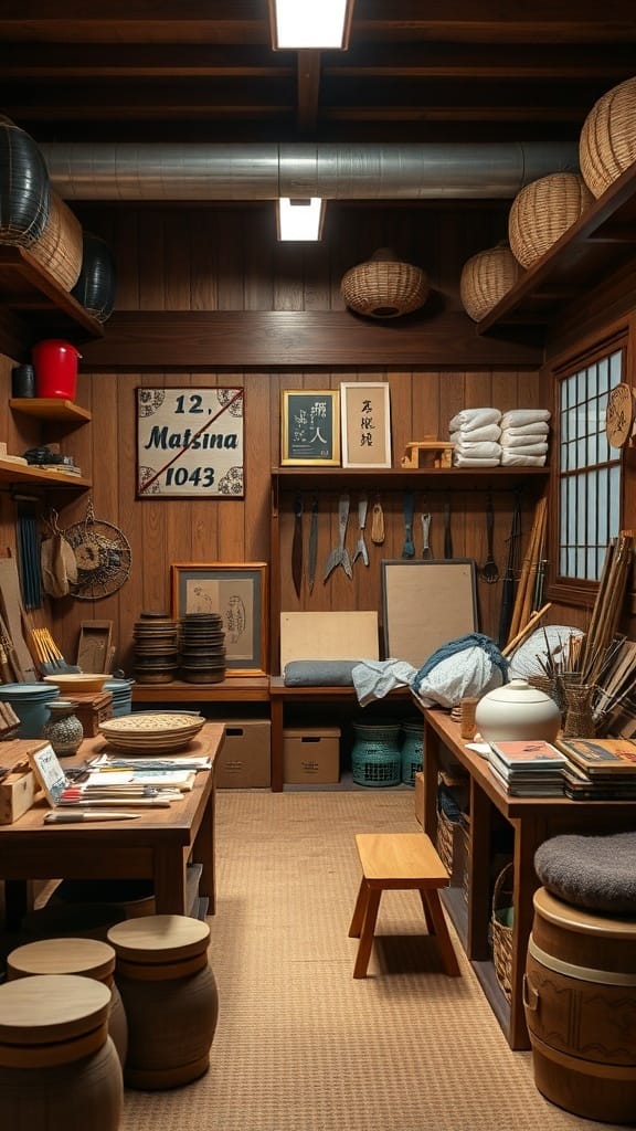 22 Creative Japanese Home Organization Ideas for a Clutter-Free Space 20 A traditional Japanese craft storage room with wooden shelves, tools, and woven baskets.