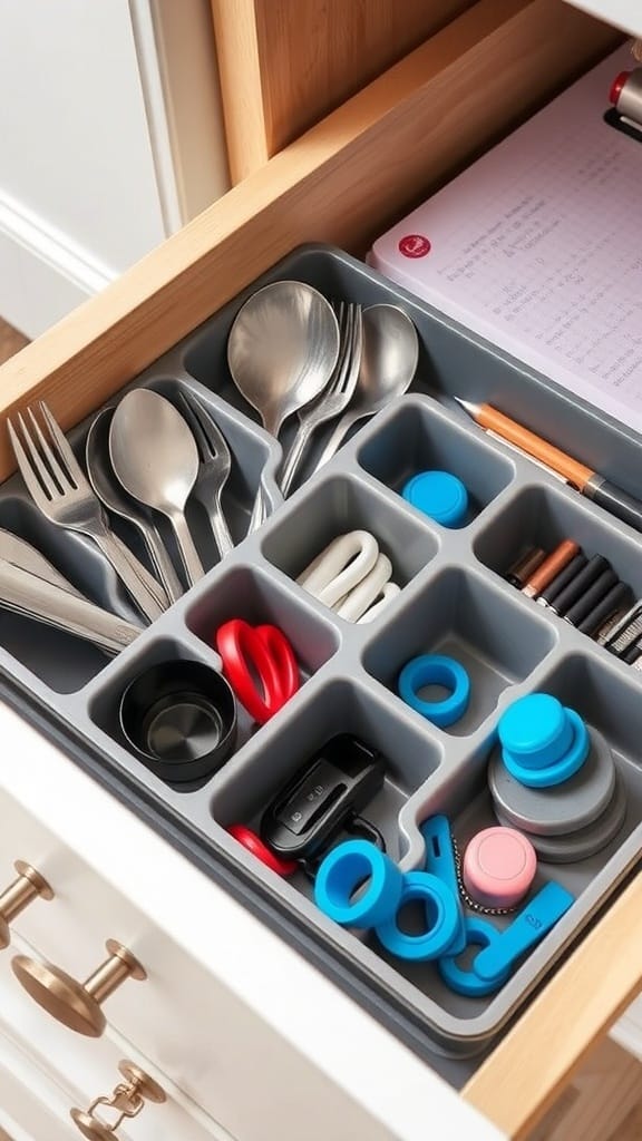 An organized drawer with caddy inserts containing utensils and office supplies.