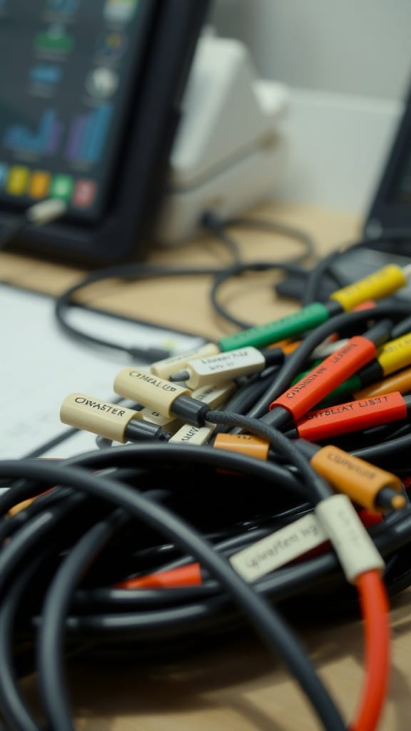 19 Genius Cord and Cable Organization Hacks for a Clutter-Free Space 8 A collection of labeled cables on a desk, showing organized cable management.
