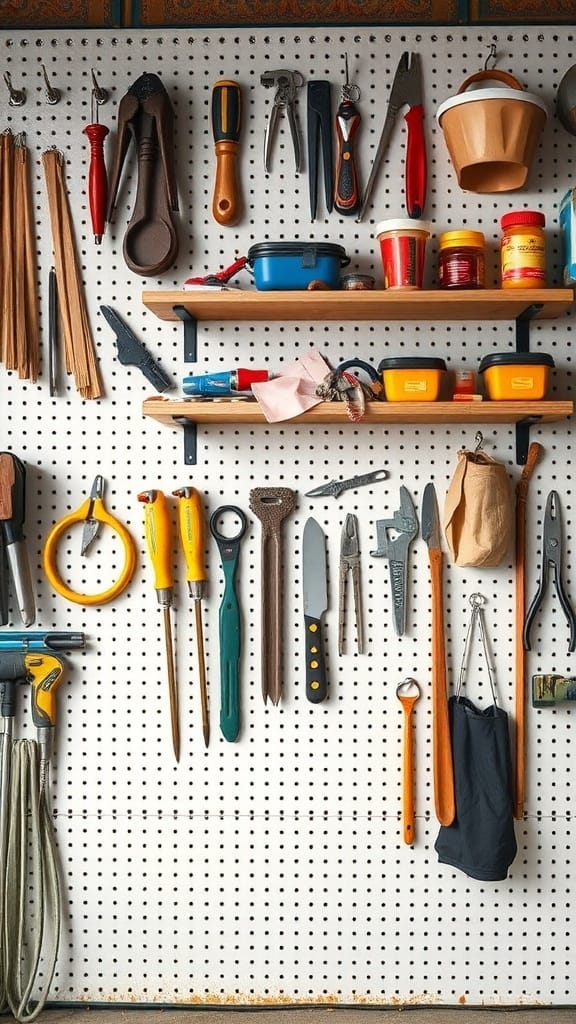 Pegboard with various tools and supplies organized on it