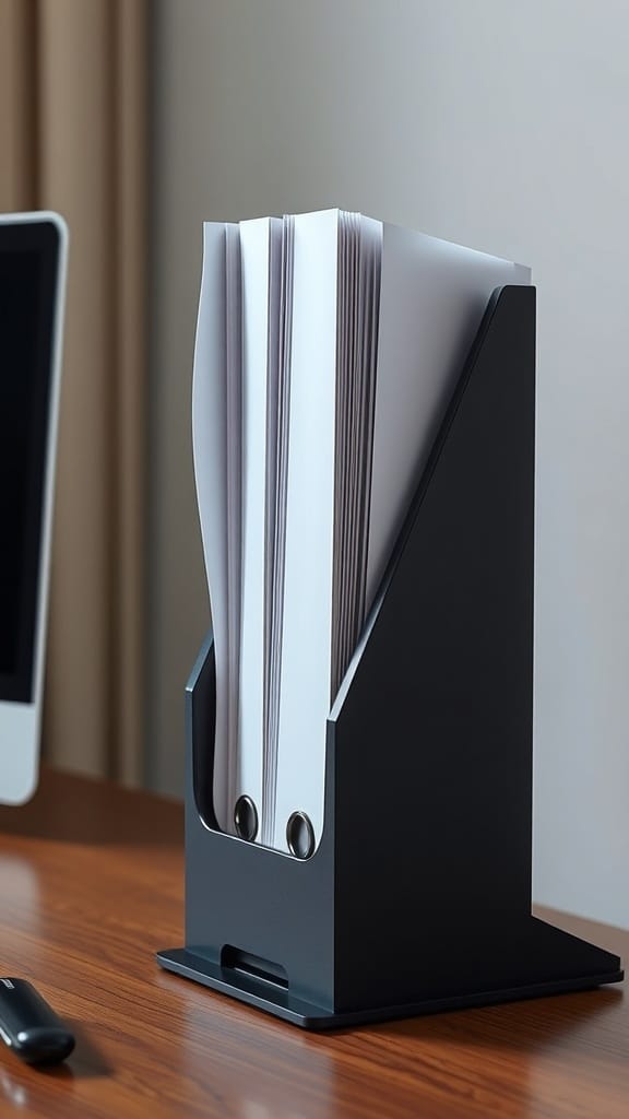 A sleek black vertical file organizer holding neatly stacked papers on a wooden desk.
