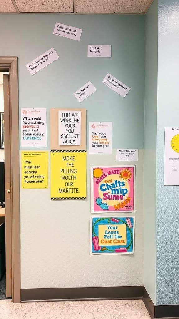 21 Creative Organization Ideas for Your School Office 20 A wall in a school office with colorful motivational signs and quotes.