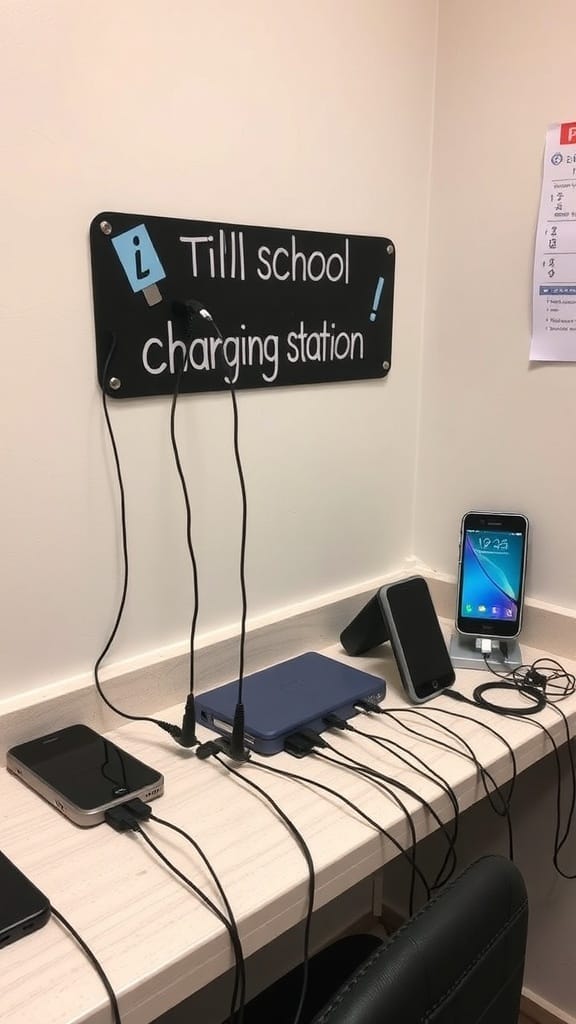 21 Creative Organization Ideas for Your School Office 14 A school charging station with multiple devices plugged in, labeled for easy identification.