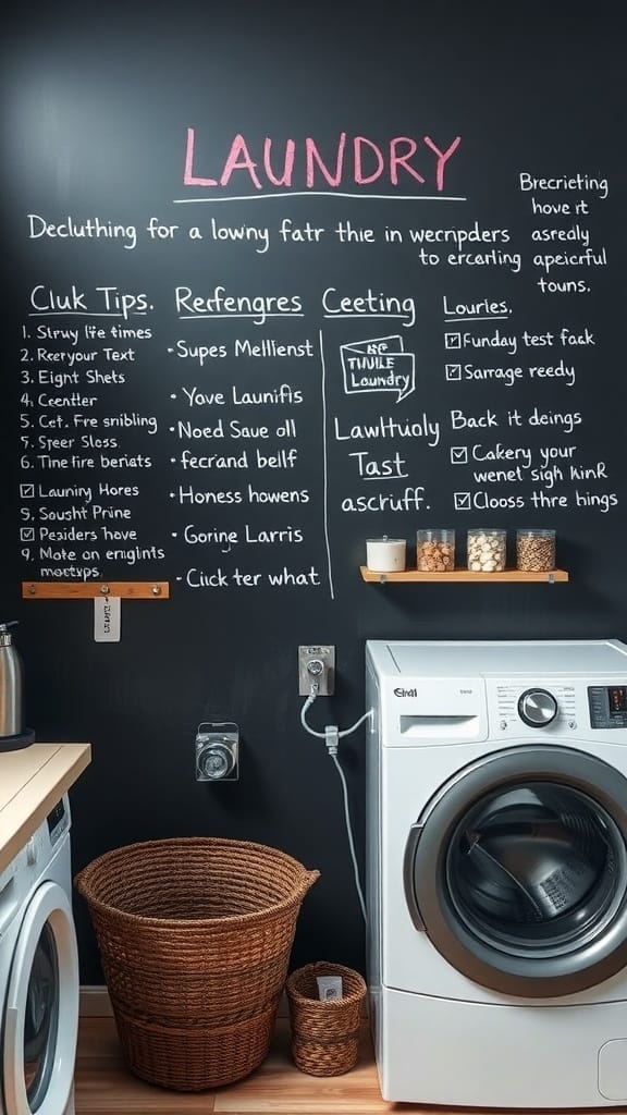 25 Creative Laundry Room Organizing Ideas to Maximize Space 25 Chalkboard in a laundry room with tips and reminders written on it.