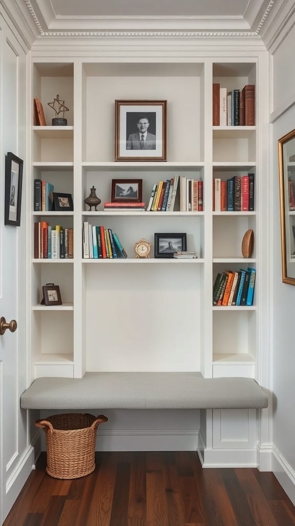 21 Clever Hidden Storage Ideas for a Clutter-Free Home 12 A cozy nook with built-in white shelving, a bench, and a woven basket.