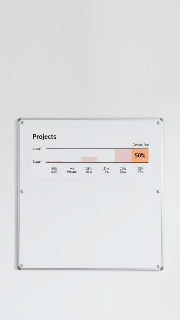 A whiteboard displaying a visual progress tracker for projects with percentages.