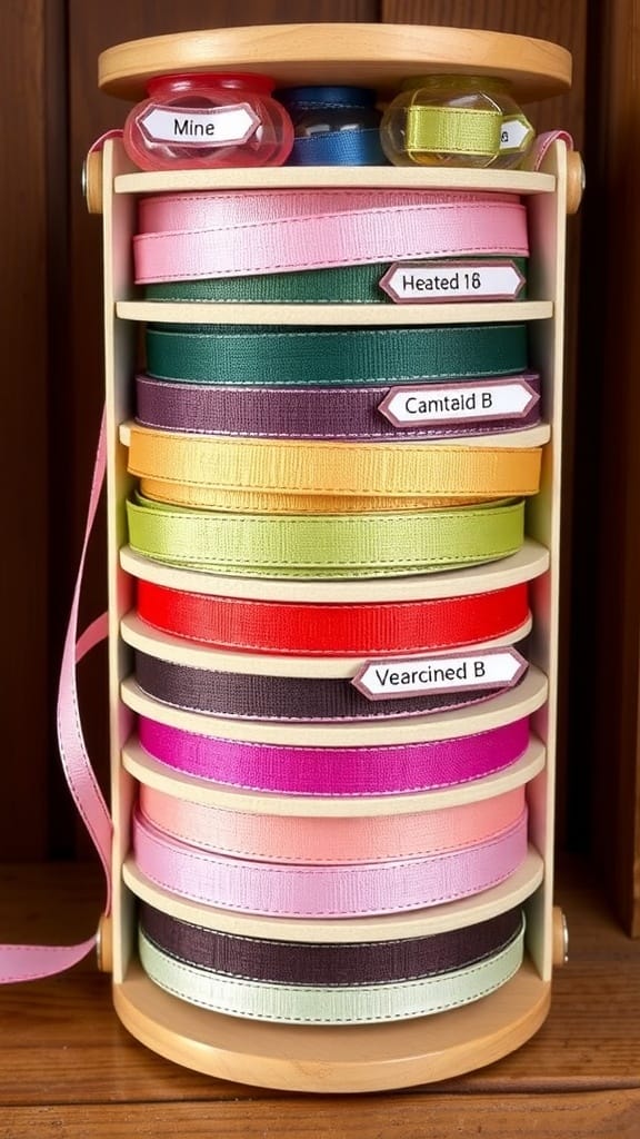 Practical Ribbon Organizing Ideas for a More Organized Craft Space (21 Tips) 6 A wooden ribbon spool holder displaying various ribbons with labels.