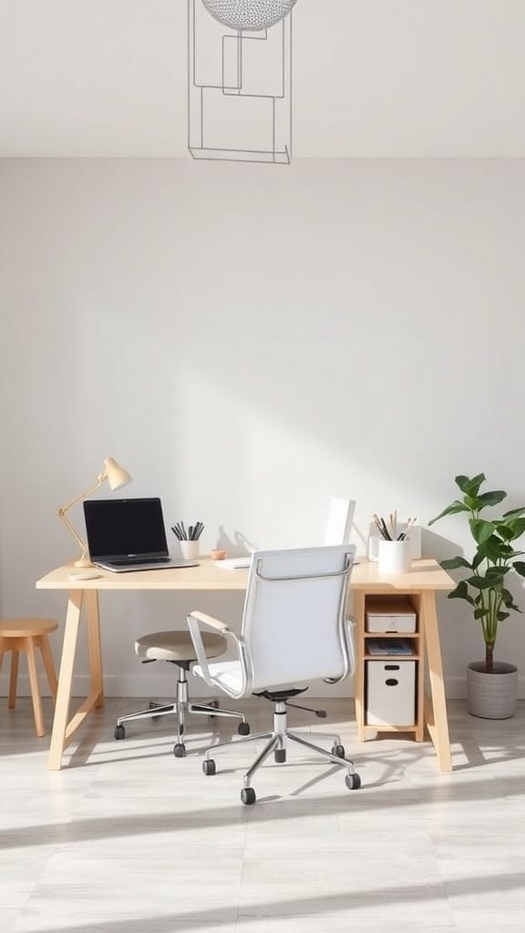 A bright office space featuring a desk, chairs, and a plant, showcasing multi-purpose furniture.