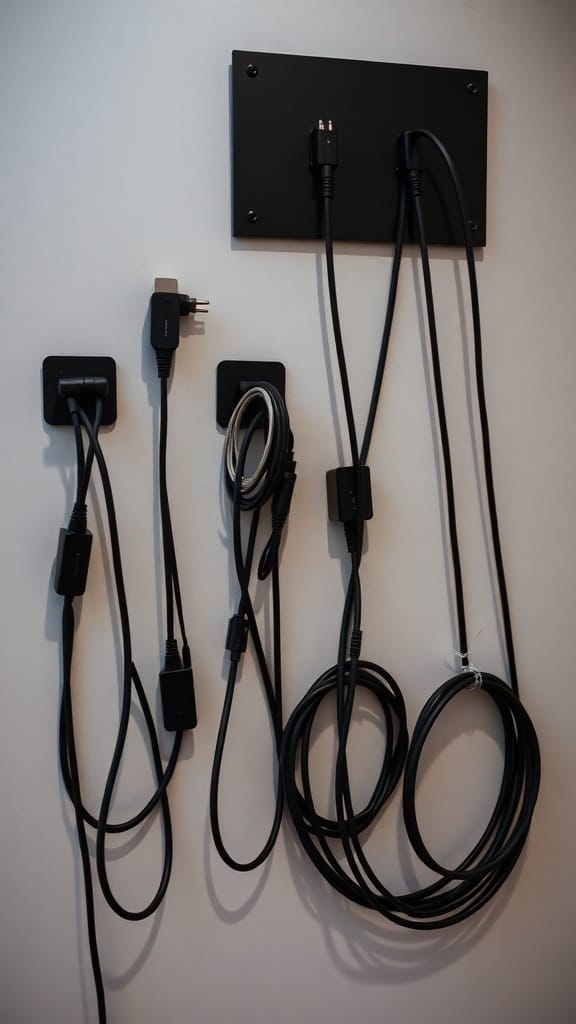 19 Genius Cord and Cable Organization Hacks for a Clutter-Free Space 15 Wall-mounted cable holders displaying various cables neatly organized