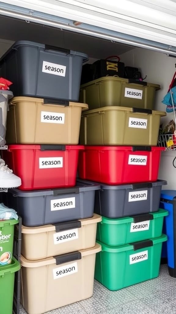 21 Genius Clutter Busting Hacks to Organize Your Home 17 A neatly organized stack of labeled storage bins for seasonal items.