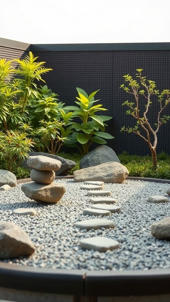 22 Creative Japanese Home Organization Ideas for a Clutter-Free Space 3 A peaceful Zen garden featuring stacked stones, stepping stones, and lush greenery.