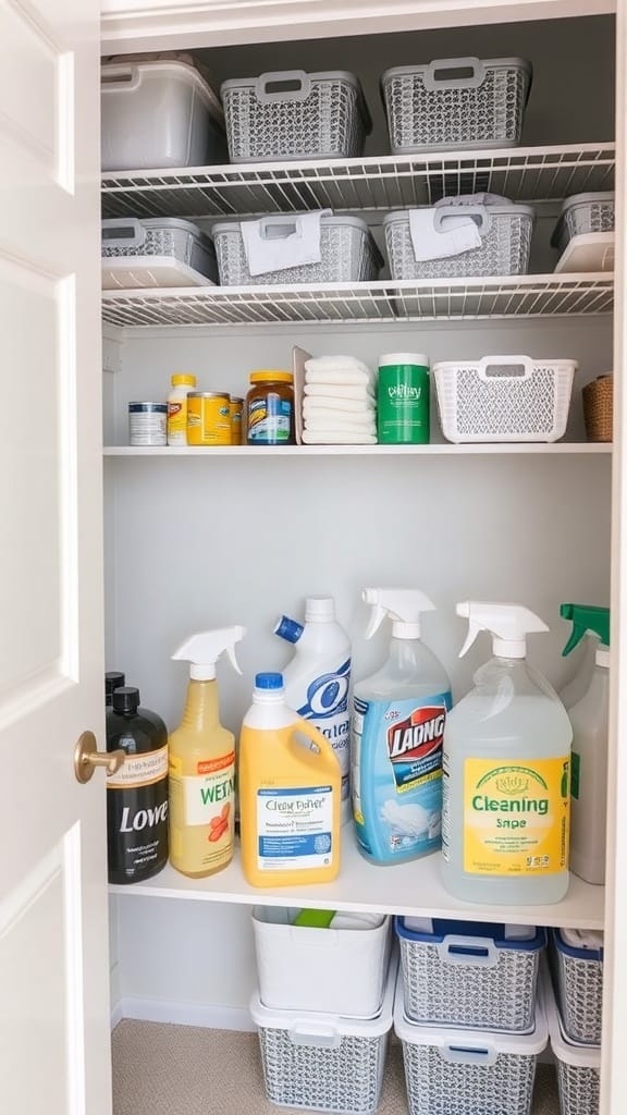 21 Brilliant Linen Closet Organizing Ideas for a Clutter-Free Home 14 Organized linen closet with cleaning supplies and storage bins
