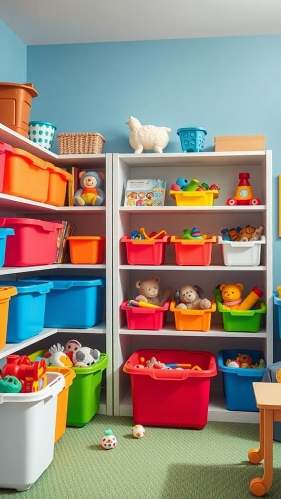 21 Creative Toy Storage Ideas for a Clutter-Free Playroom 18 Colorful bins filled with toys on shelves in a playroom