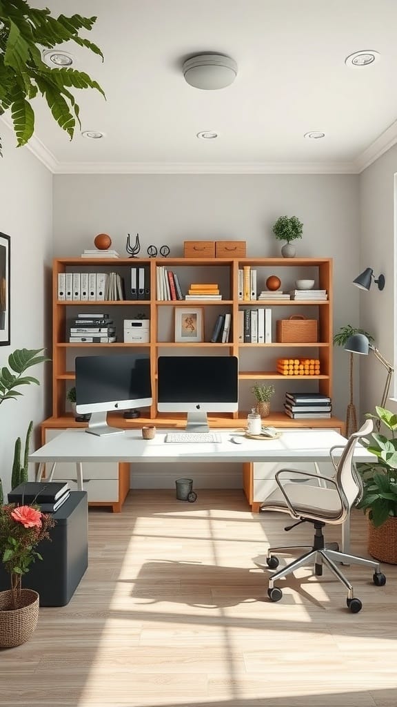 A bright and organized home office with a spacious desk, two monitors, and shelves filled with books and decorative items.