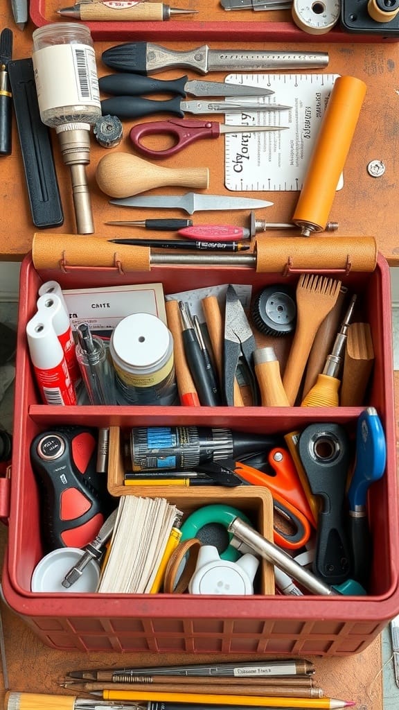 A red caddy filled with various tools and supplies for hobby organization.
