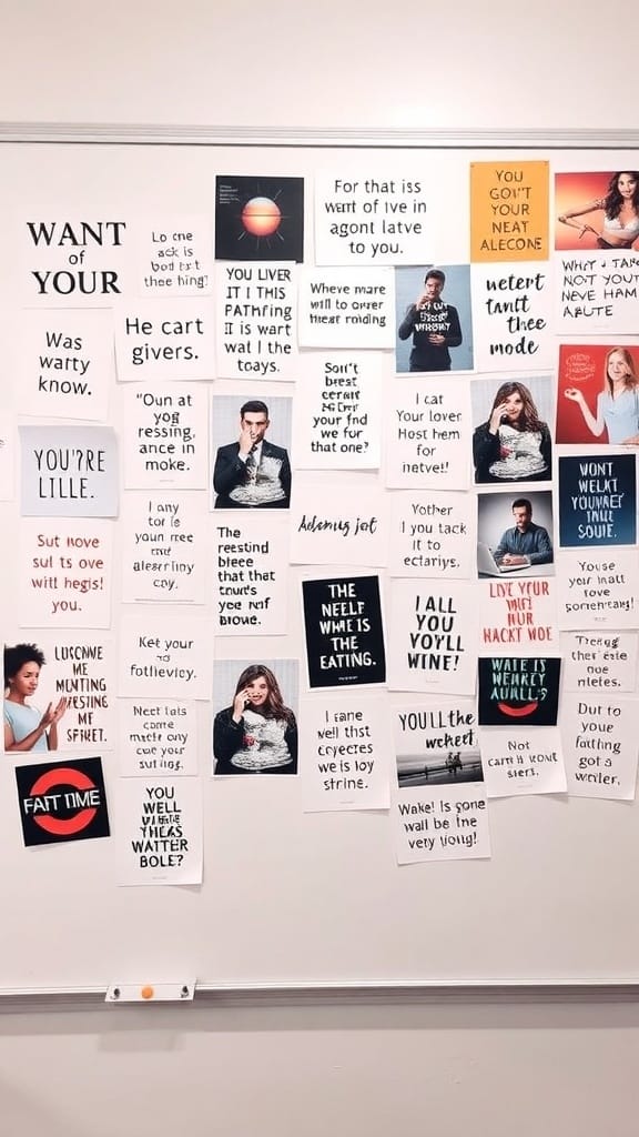 A colorful whiteboard filled with notes, quotes, and images for inspiration.