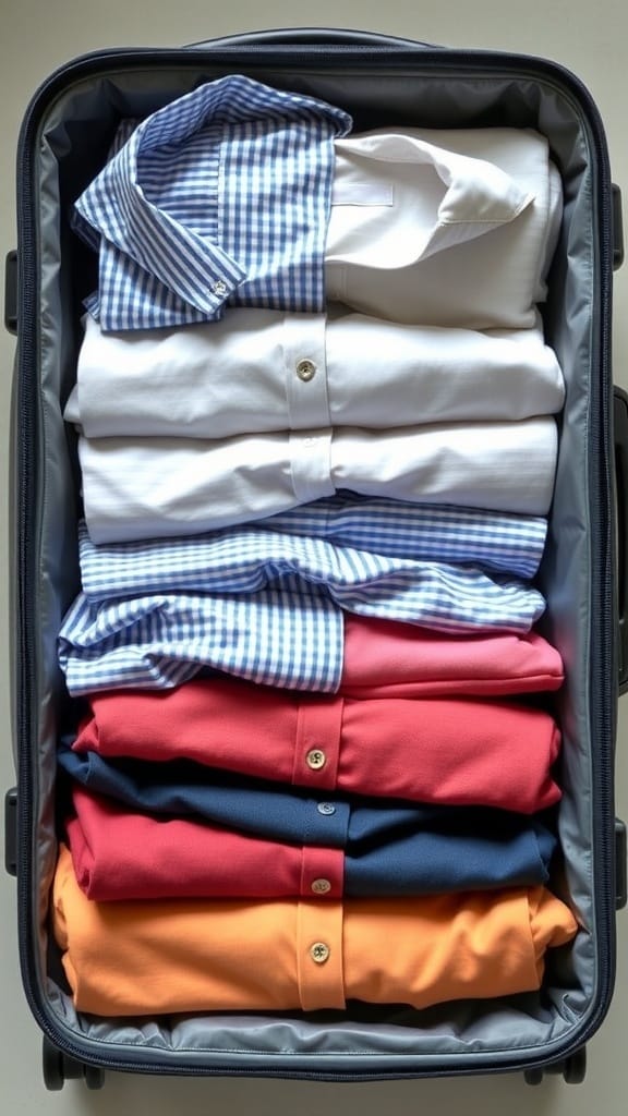 A suitcase filled with neatly folded shirts in various colors, showcasing an organized packing method.