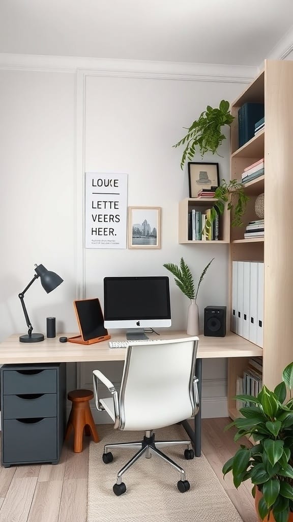 A well-organized home office featuring a desk, computer, lamp, and plants.