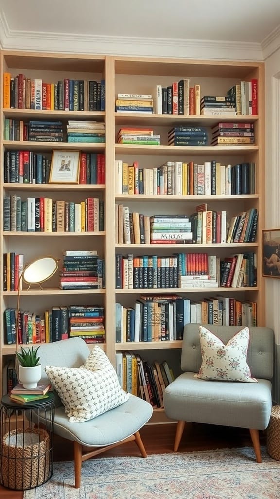 A cozy bookshelf nook with light wood shelves filled with books, two comfortable chairs, and a small side table with a plant and lamp.