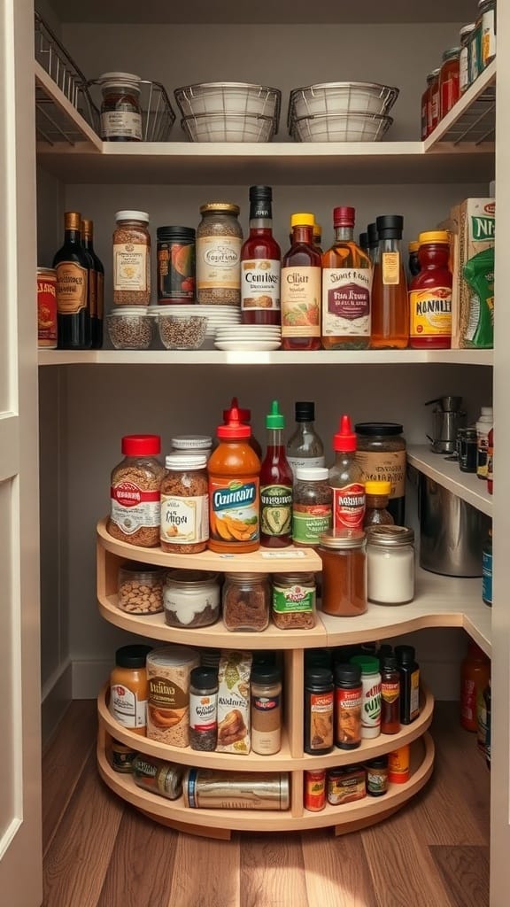 Dollar Store Organization Hacks That Actually Work: 23 Smart Storage Ideas 15 A well-organized pantry featuring a Lazy Susan filled with various spices, sauces, and snacks.