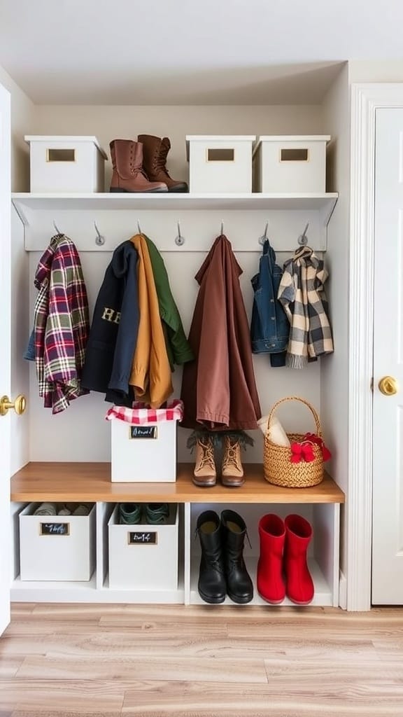 Organized mudroom with labeled storage boxes and hanging clothes.