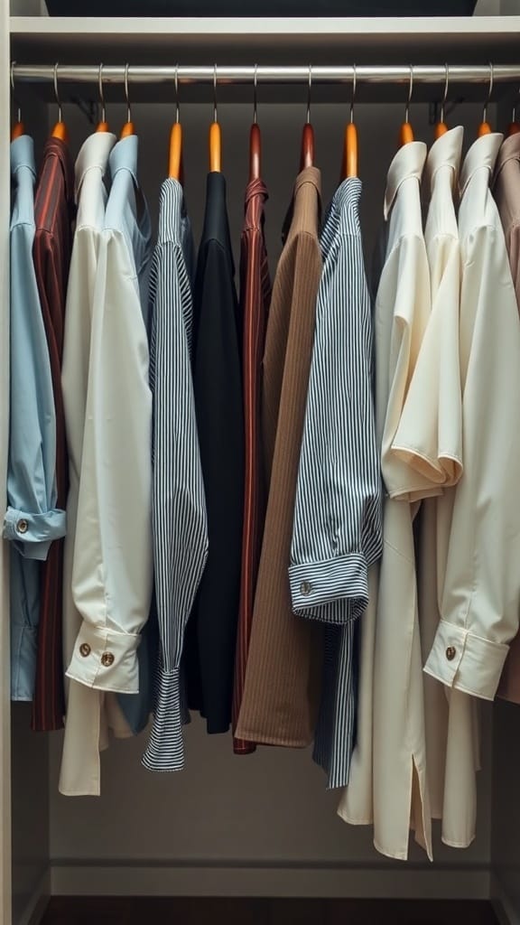A neatly organized closet with various shirts hanging on hangers.
