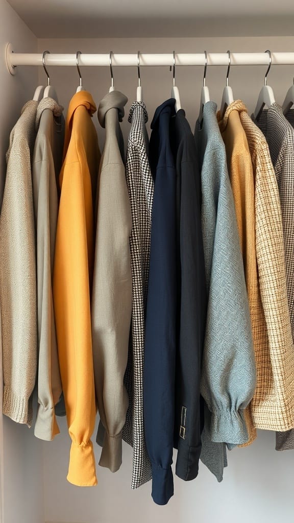 A row of colorful shirts hanging on a rack, showcasing various textures and colors.