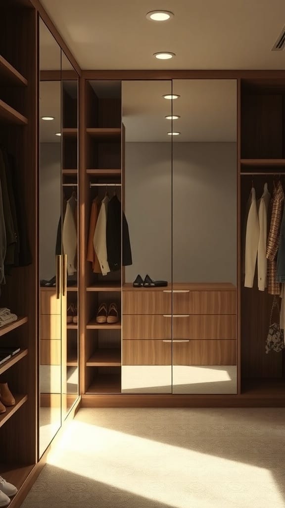 22 Genius Closet Organization Hacks You Need to Try 10 A well-organized closet with large mirrors reflecting light and creating a spacious feel.