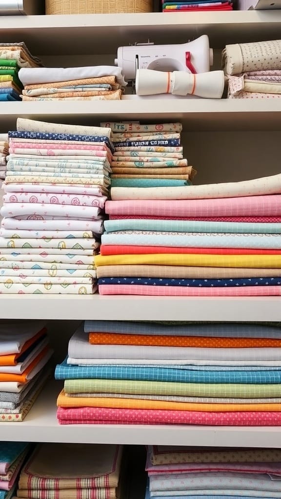 Neatly folded fabric on shelves in a sewing room