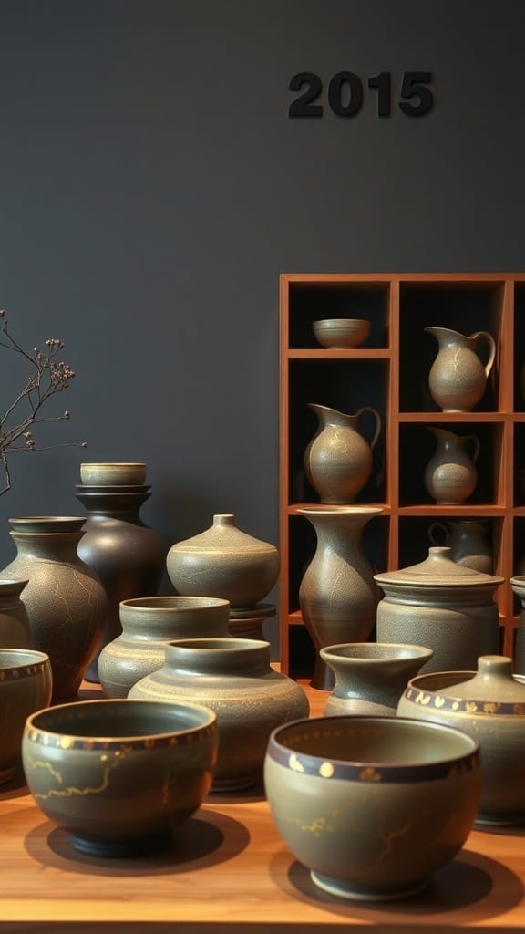 22 Creative Japanese Home Organization Ideas for a Clutter-Free Space 9 A collection of Kintsugi-inspired pottery showcasing beautiful repairs with gold accents.