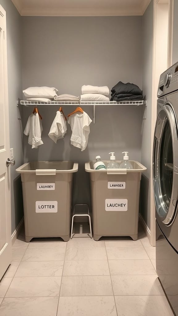 25 Creative Laundry Room Organizing Ideas to Maximize Space 26 Organized laundry room with labeled sorting bins and neatly folded towels.