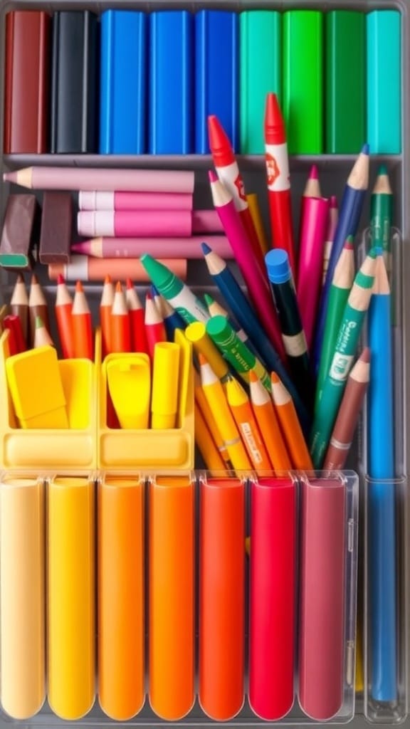 A colorful caddy filled with various art supplies, including markers, colored pencils, and crayons, organized by color.