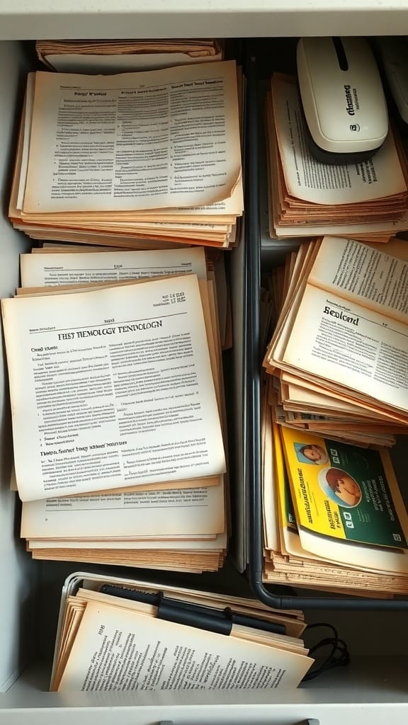 22 Things to Get Rid of for a Clutter-Free Home 18 A cluttered drawer filled with old technology manuals and papers.