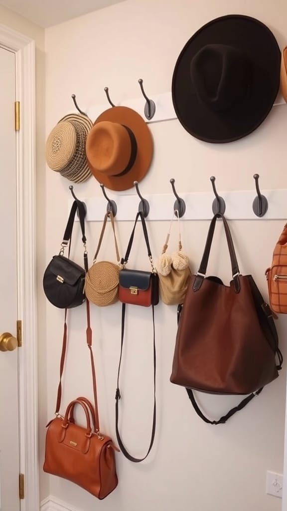 22 Genius Closet Organization Hacks You Need to Try 5 A wall with hooks displaying various hats and bags for organization.