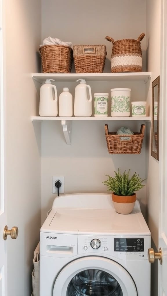 A small laundry room with white shelves above a washing machine, featuring baskets and containers for organization.