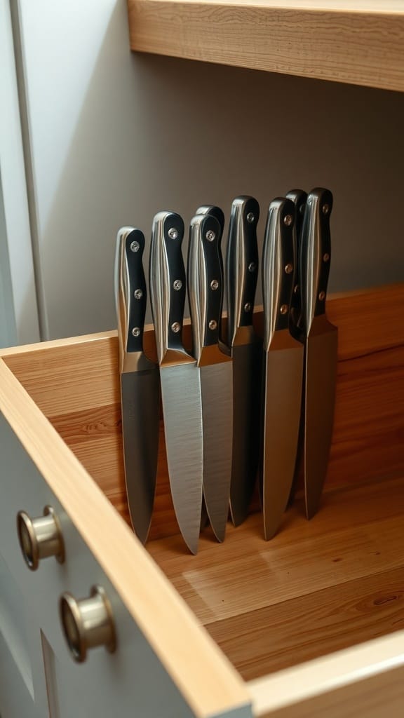 23 Brilliant Kitchen Drawer Organizing Ideas You Need to Try 4 A kitchen drawer with several knives neatly arranged, showcasing a magnetic strip for storage.