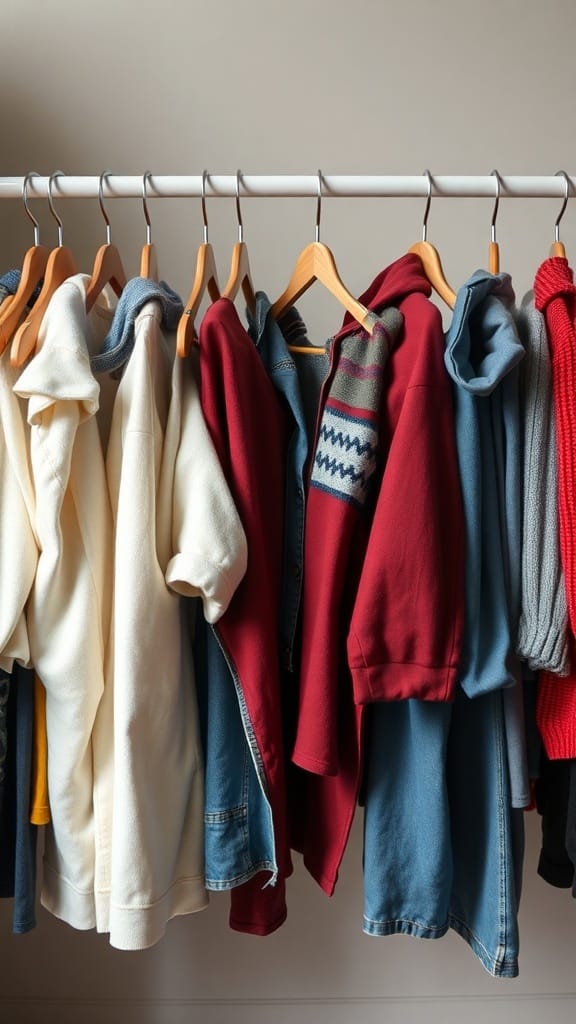 A variety of clothing items hanging on a rack, showcasing different styles and colors.