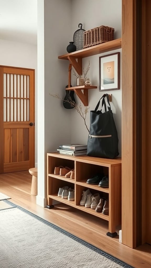22 Creative Japanese Home Organization Ideas for a Clutter-Free Space 15 A stylish entryway featuring a wooden shoe storage unit with various shoes organized neatly, complemented by decorative shelves above.