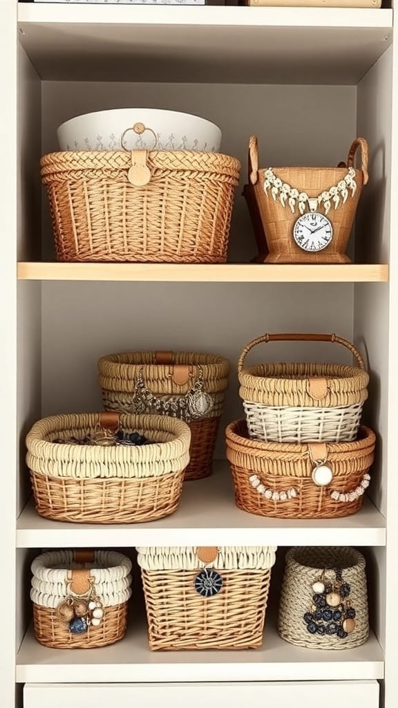 A collection of woven baskets on a shelf, organized for jewelry storage.