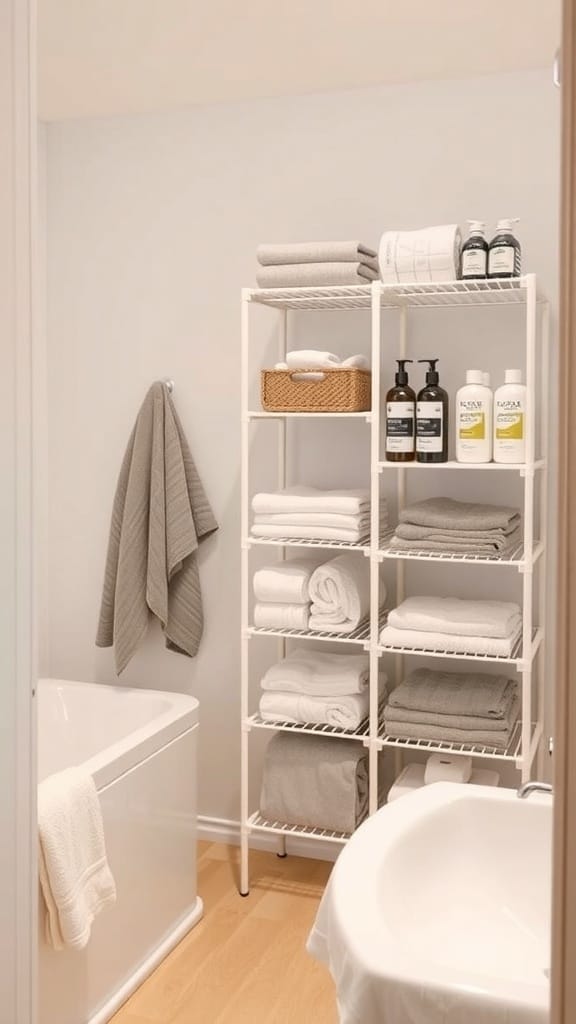IKEA shelving unit in a bathroom with neatly organized towels and toiletries
