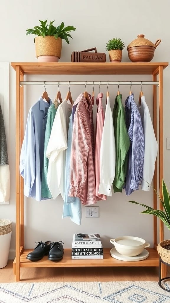 A wooden shirt rack displaying various colorful shirts, with plants and decorative items on top.