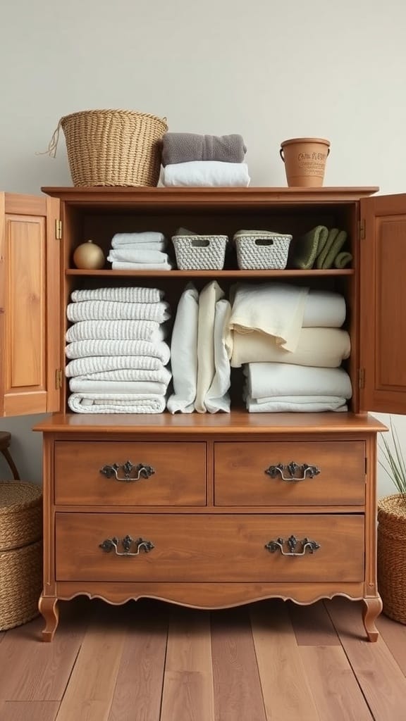 21 Brilliant Linen Closet Organizing Ideas for a Clutter-Free Home 11 A wooden cabinet filled with neatly folded towels and linens, with baskets on top for additional storage.