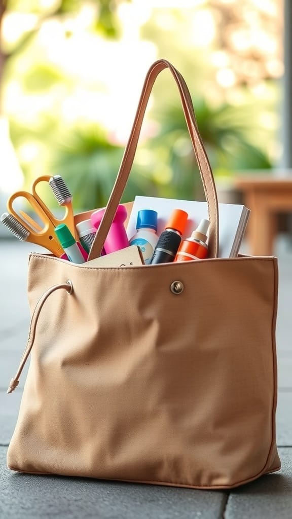 A portable craft tote filled with scissors, glue, markers, and paper.