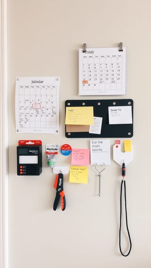 Dollar Store Organization Hacks That Actually Work: 23 Smart Storage Ideas 7 A command center wall with calendars, a black board, tools, and sticky notes.